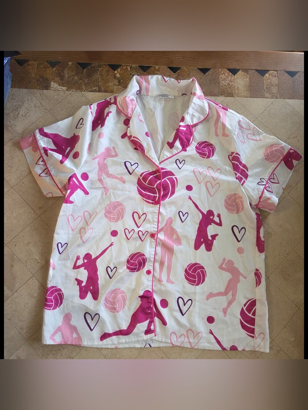 Women’s Pink Volleyball Print Short Pajama Set with Button-Front Top - Picture 2 of 5